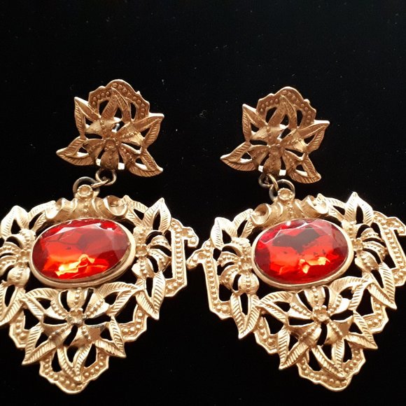 Vintage Jewelry - 1980's Red and Gold Statement Earrings